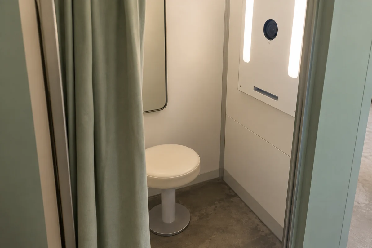 An empty, unbranded photo booth with a sage curtain and cream stool.