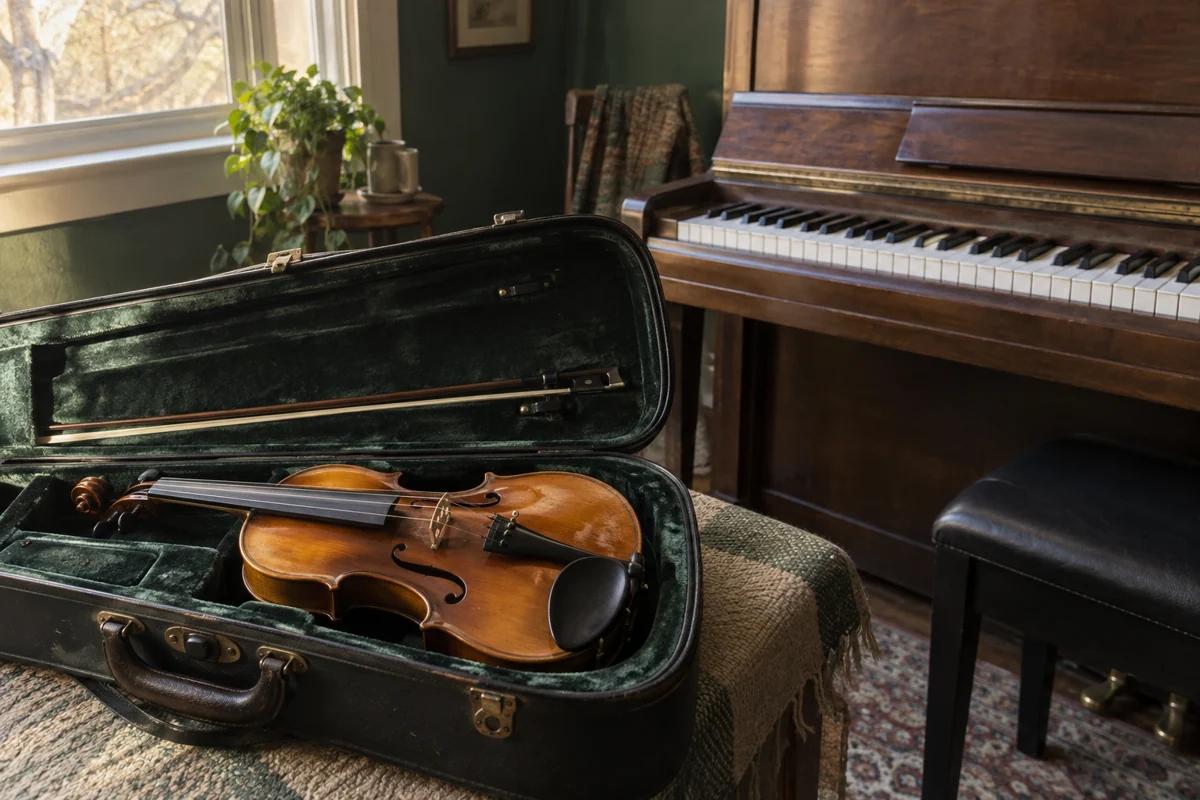 An imagined rehearsal-room still life: a violin in an open case beside a piano.