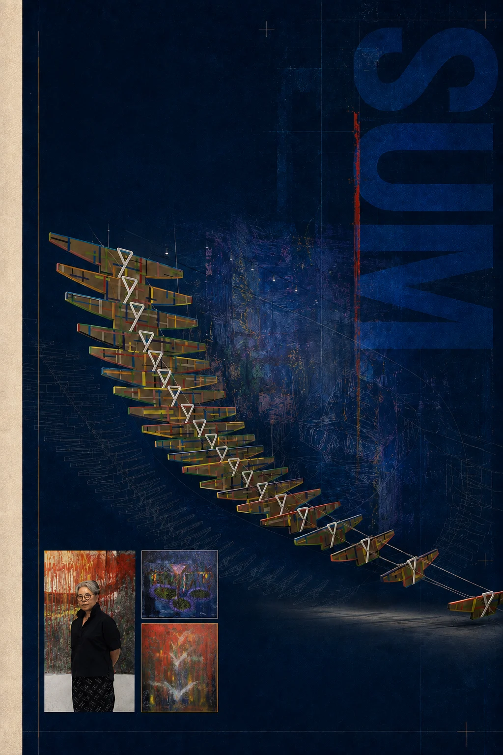 Navy SUM promotional visual with garment-shaped artwork and an artist portrait.