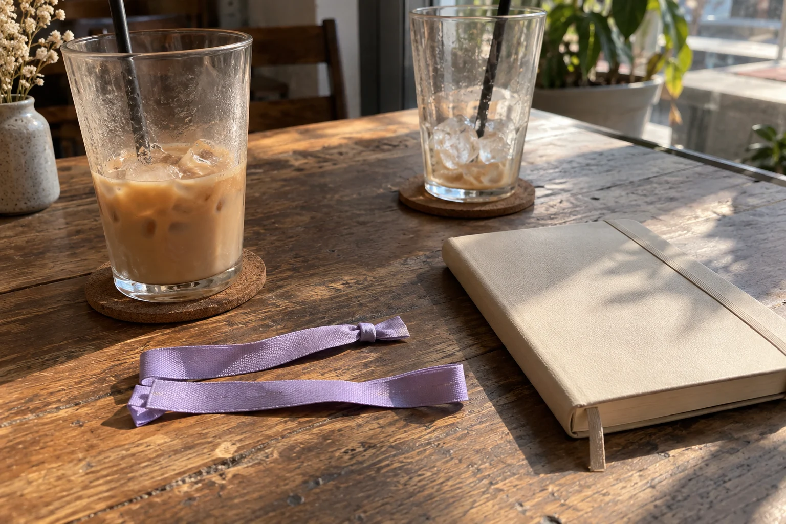 Two drinks, an unbranded notebook and plain lavender ribbons on a fictional cafe table.