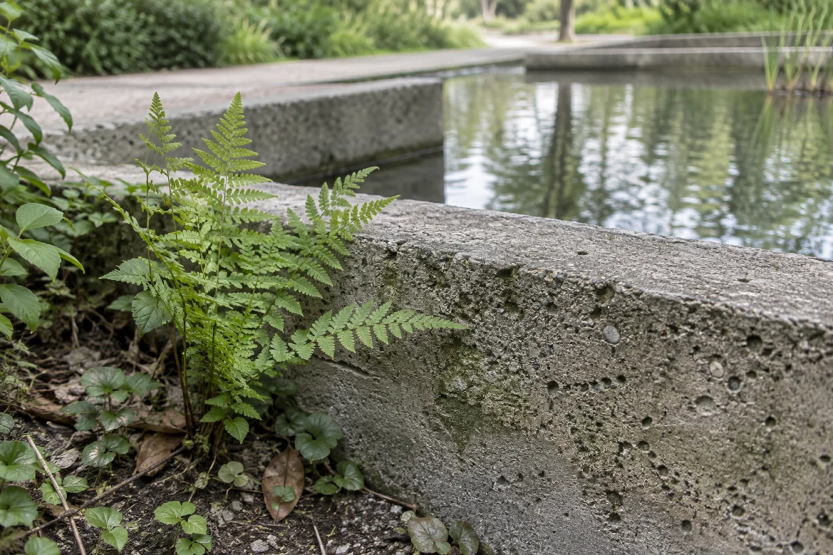 A fern beside weathered concrete and reflected water in a fictional garden.