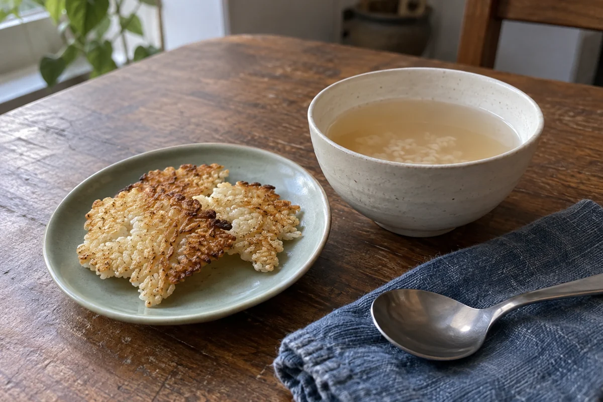 Golden toasted rice crust on a celadon plate beside a cream bowl of pale rice infusion on a wooden table.