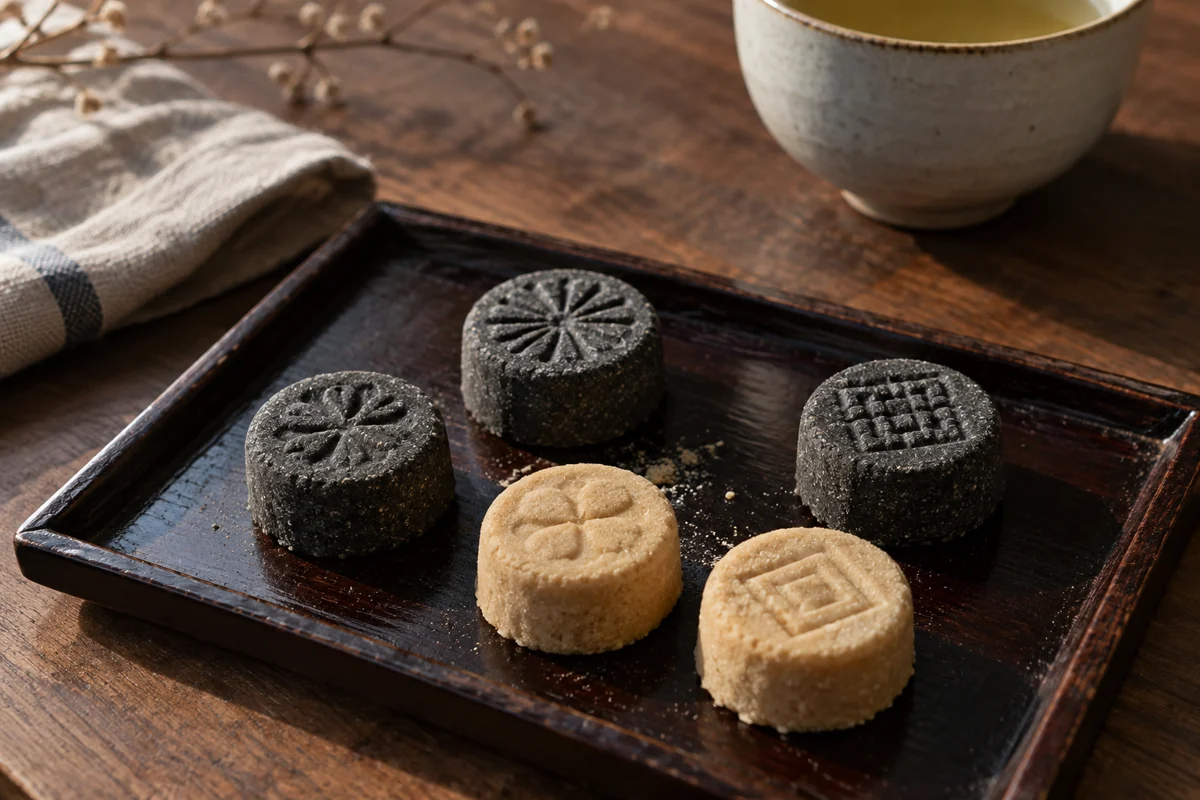 Small black and pale pressed tea sweets with shallow geometric impressions on a dark tray beside a cup.