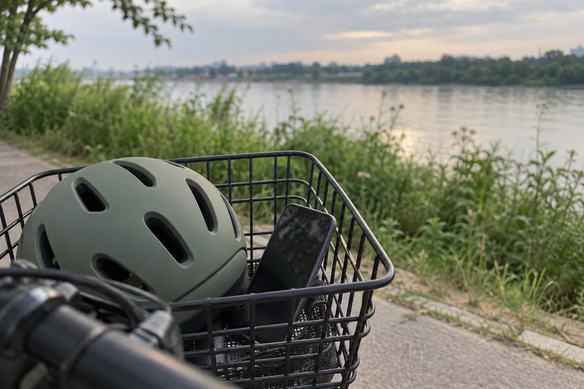 Sage cycling helmet and a phone with its screen off in a wire bicycle basket beside a blurred generic river.