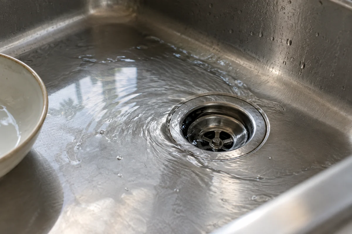 Rinse water around a circular drain in a brushed-steel sink, with the edge of a plain bowl.