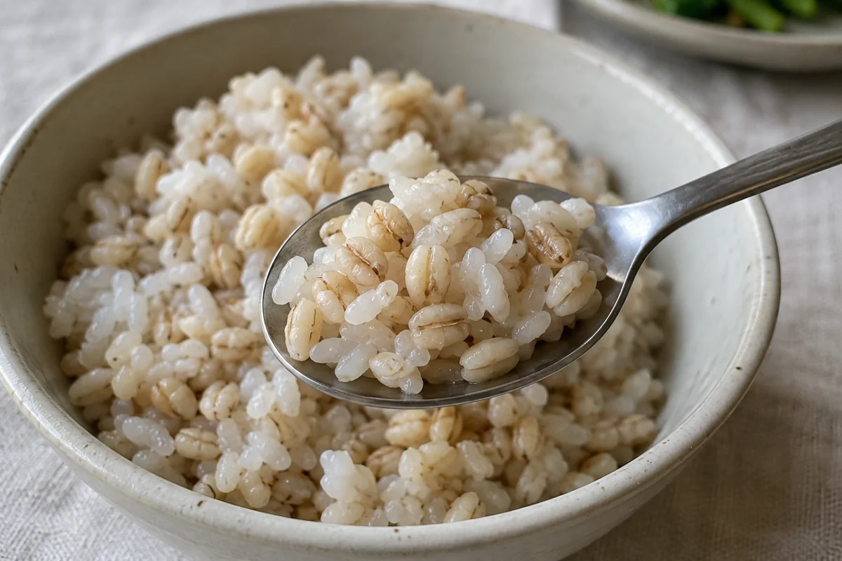 A stainless steel spoon of cooked barley and white rice resting over a pale ceramic bowl of the same grains.