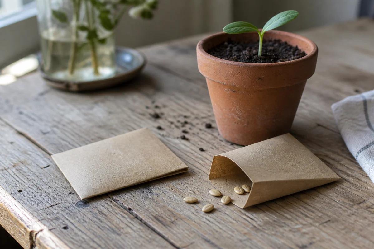 Two blank paper envelopes and several seeds on a wooden table beside a small potted seedling.