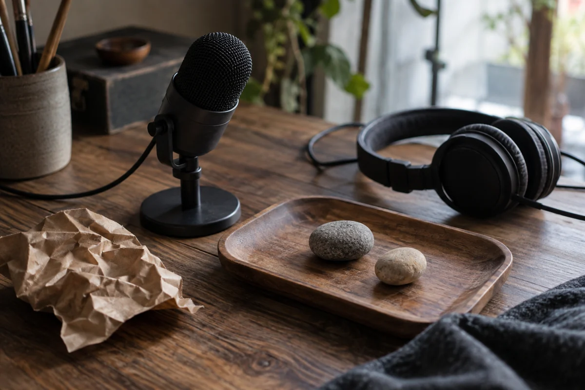 An unbranded microphone and headphones beside pebbles on a wooden tray and crumpled paper in a fictional sound-effects workbench.