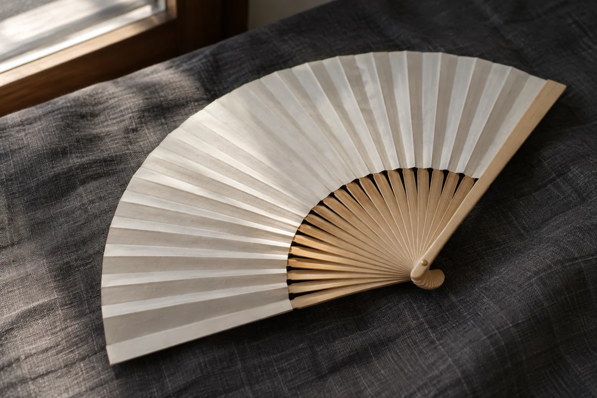 An undecorated ivory paper folding fan with bamboo ribs on dark linen by a window.