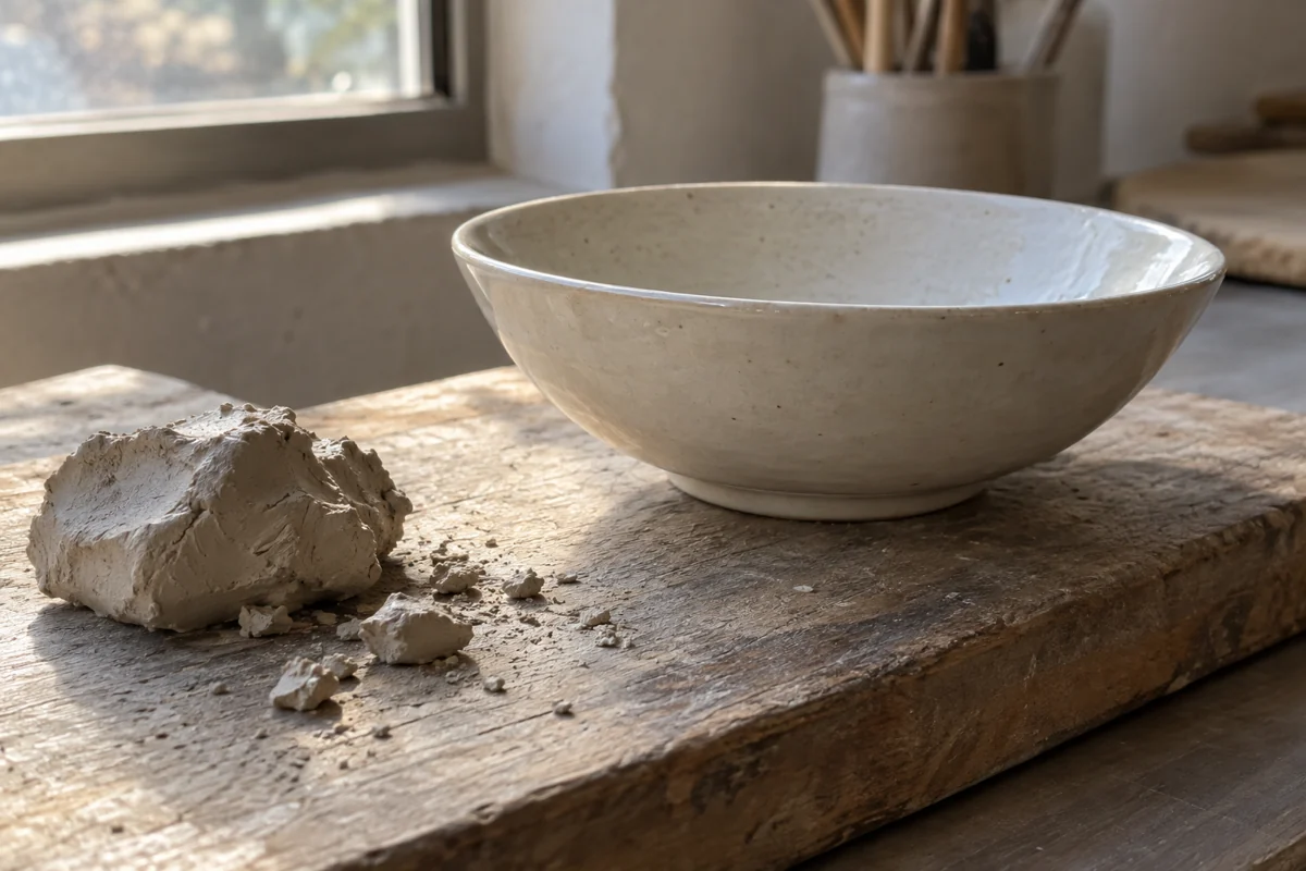 An unmarked shallow white ceramic bowl beside pale clay and crumbs on a wooden work surface.