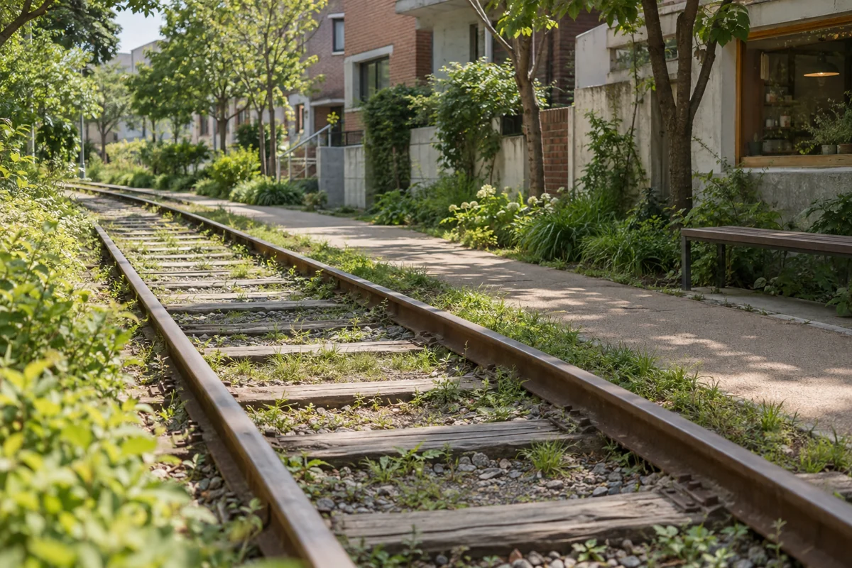 Weathered rails and wooden sleepers beside a leafy pedestrian path, with softly blurred ordinary neighborhood buildings beyond.