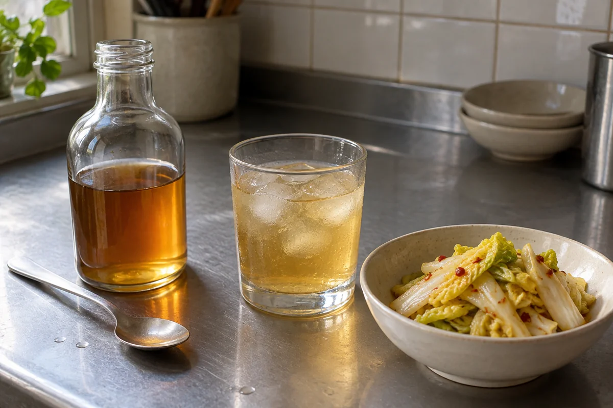 An unlabelled bottle of amber syrup, a pale golden iced drink and a small bowl of dressed napa cabbage on a stainless-steel kitchen counter.