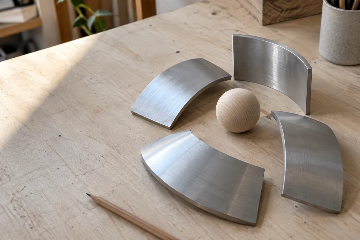 Fictional curved aluminum samples and a wooden sphere on a workshop table; a conceptual illustration, not RAIM or its construction model.