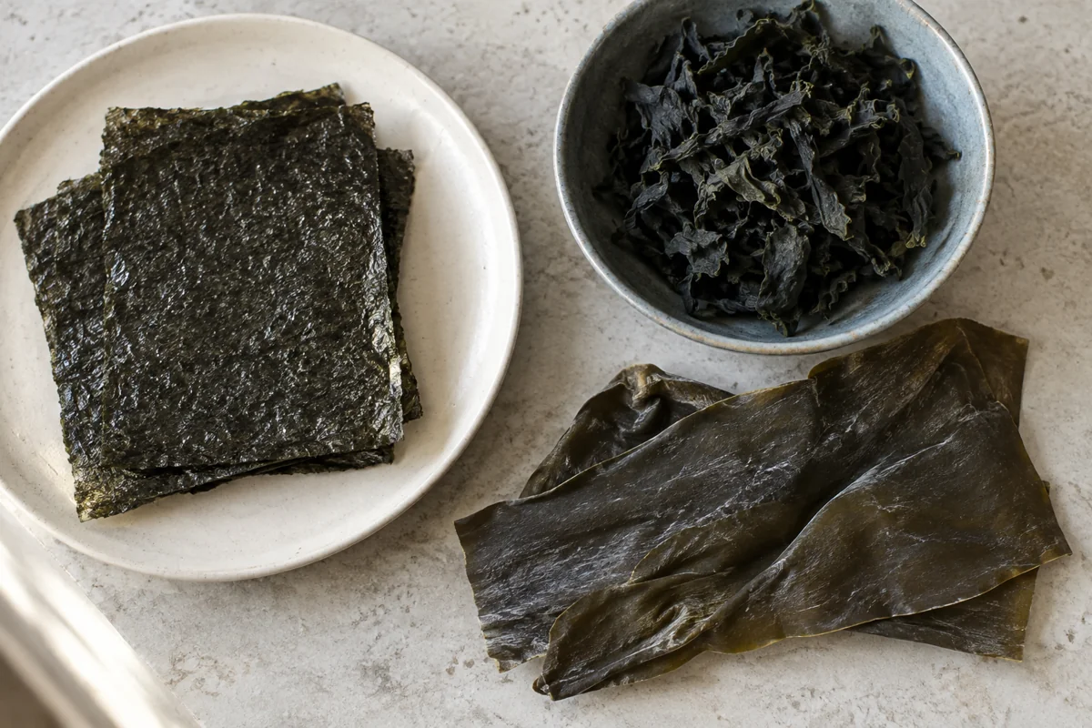 Conceptual ingredient comparison: thin gim sheets on a cream plate, dried miyeok in a blue-grey bowl and broad dasima strips on a pale counter.