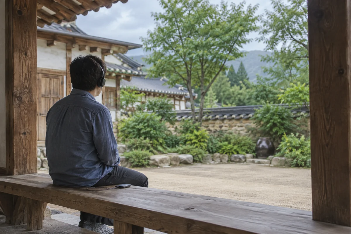 An invented listening scene: a rear-view adult wearing plain headphones on a wooden bench beside a quiet courtyard.