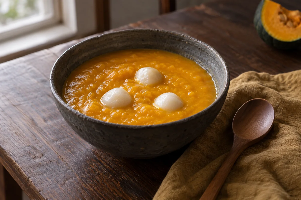 Conceptual bowl of golden Korean pumpkin porridge with three small white rice balls on a dark wooden table, beside a wooden spoon and ochre linen.