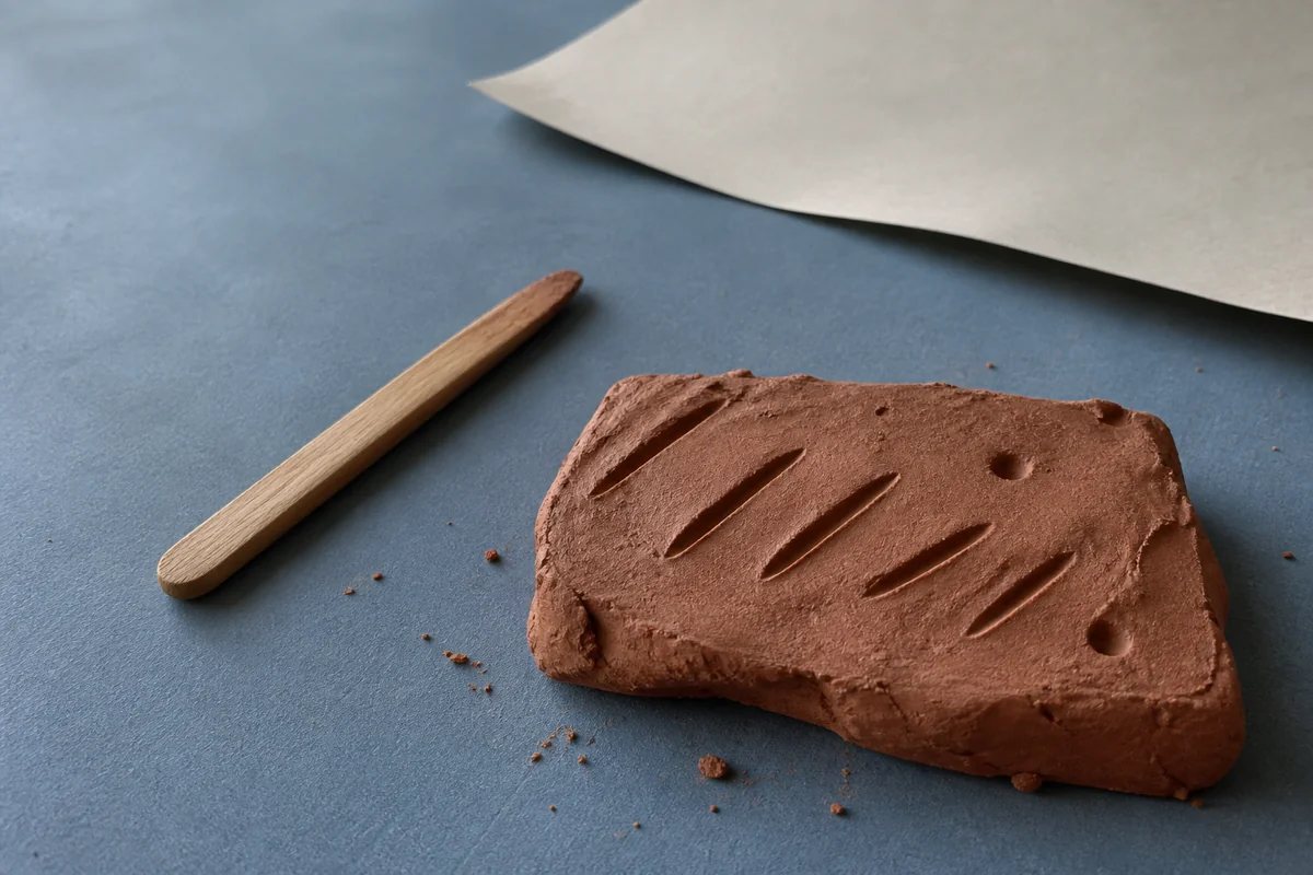 Fictional reddish clay slab with a few simple impressions beside a plain modeling stick and blank paper on a muted blue surface.