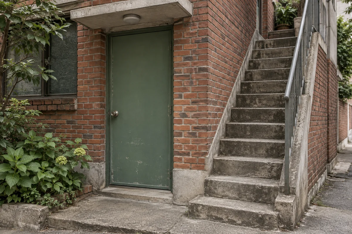 Fictional red-brick neighborhood entrance with a green ground-floor door and a separate narrow stairway to an upper floor; no identifiable address.