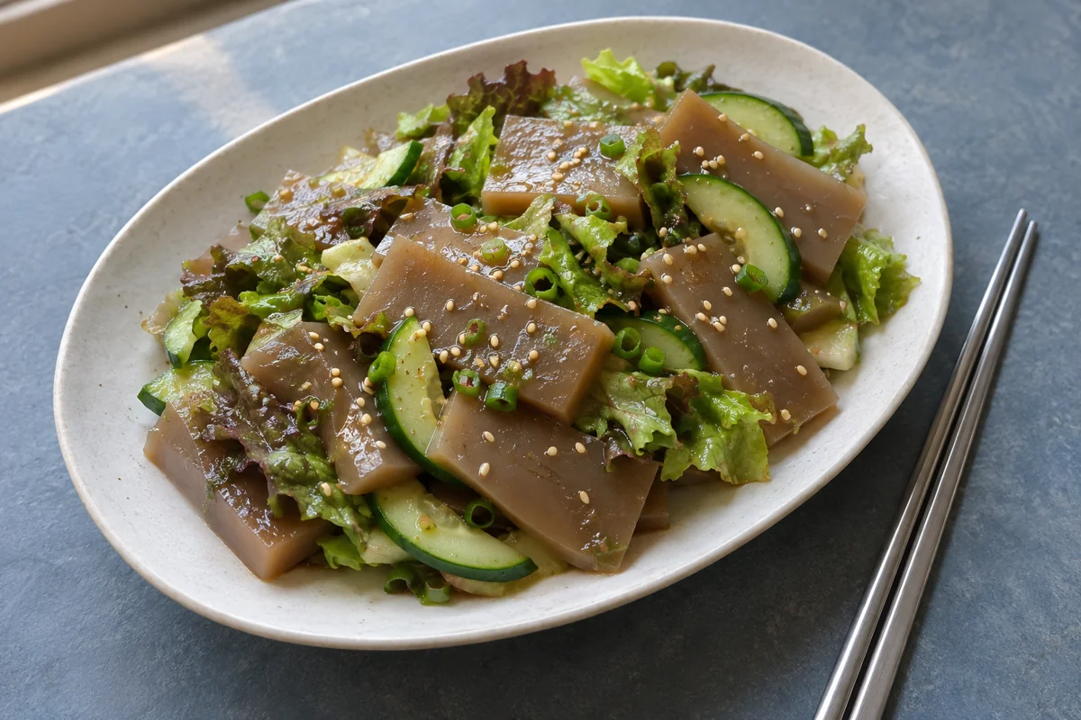 Conceptual plate of brown acorn-jelly slices with cucumber, lettuce, scallion and sesame on a slate-blue tabletop; a fictional food still life.