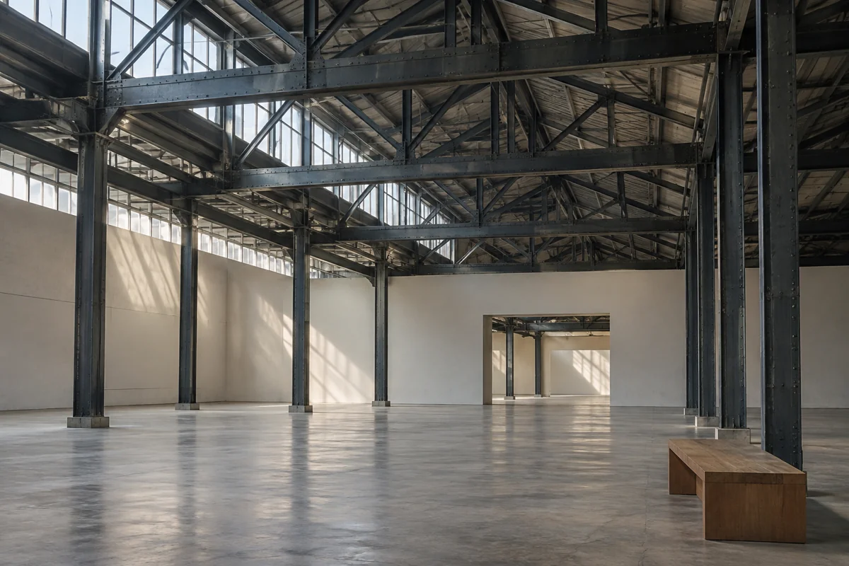 Conceptual old industrial interior with steel roof trusses, soft daylight and a simple bench; a fictional space, not a photograph of F1963.
