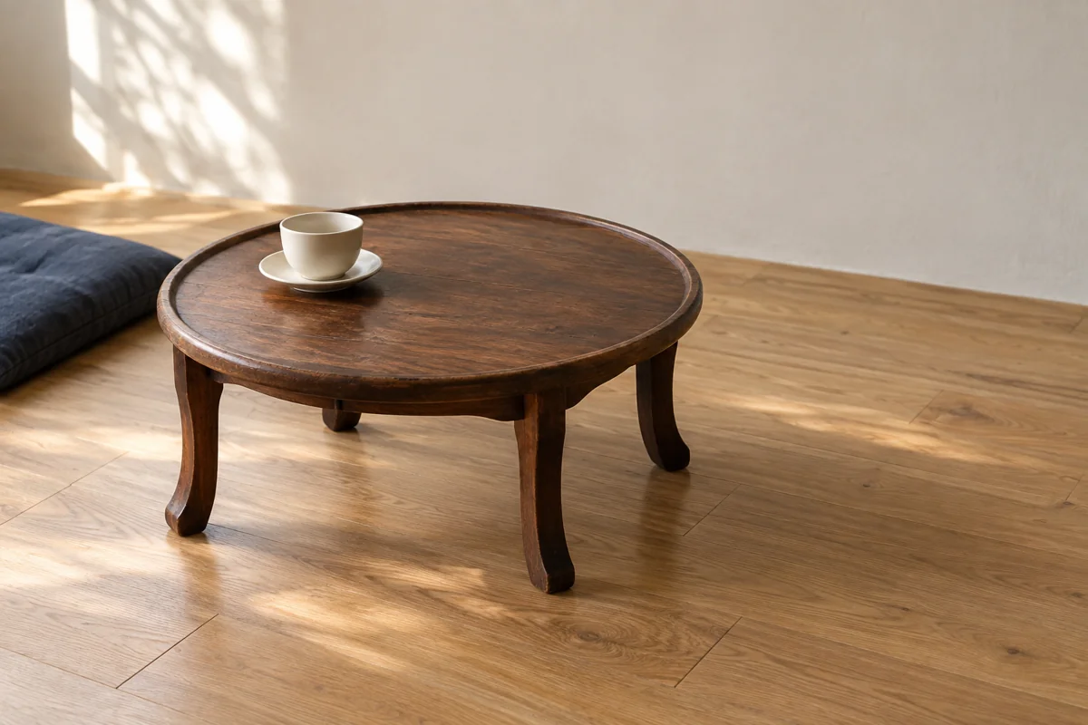 AI-generated illustration of a small wooden floor table with one plain teacup; not a photograph of a museum object.