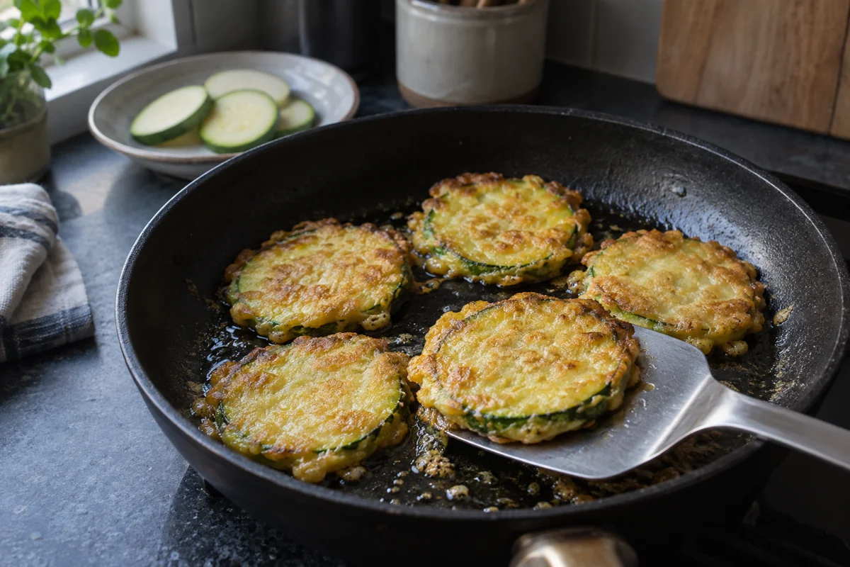 AI-generated illustration of golden zucchini jeon in a home-kitchen frying pan; not a photograph of an official Korean Food Day event.