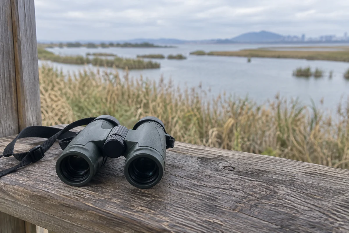 AI-generated illustration of unbranded binoculars on a wooden ledge with blurred reeds and water beyond; an invented observation setting, not a photograph of Eulsukdo.