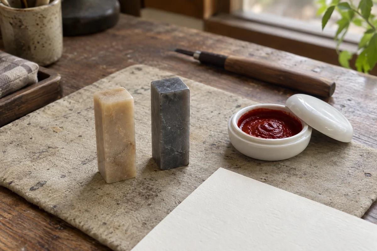 A plain stone seal blank beside red ink and clean paper in an invented craft workspace; AI-generated illustration, not a photographed workshop.