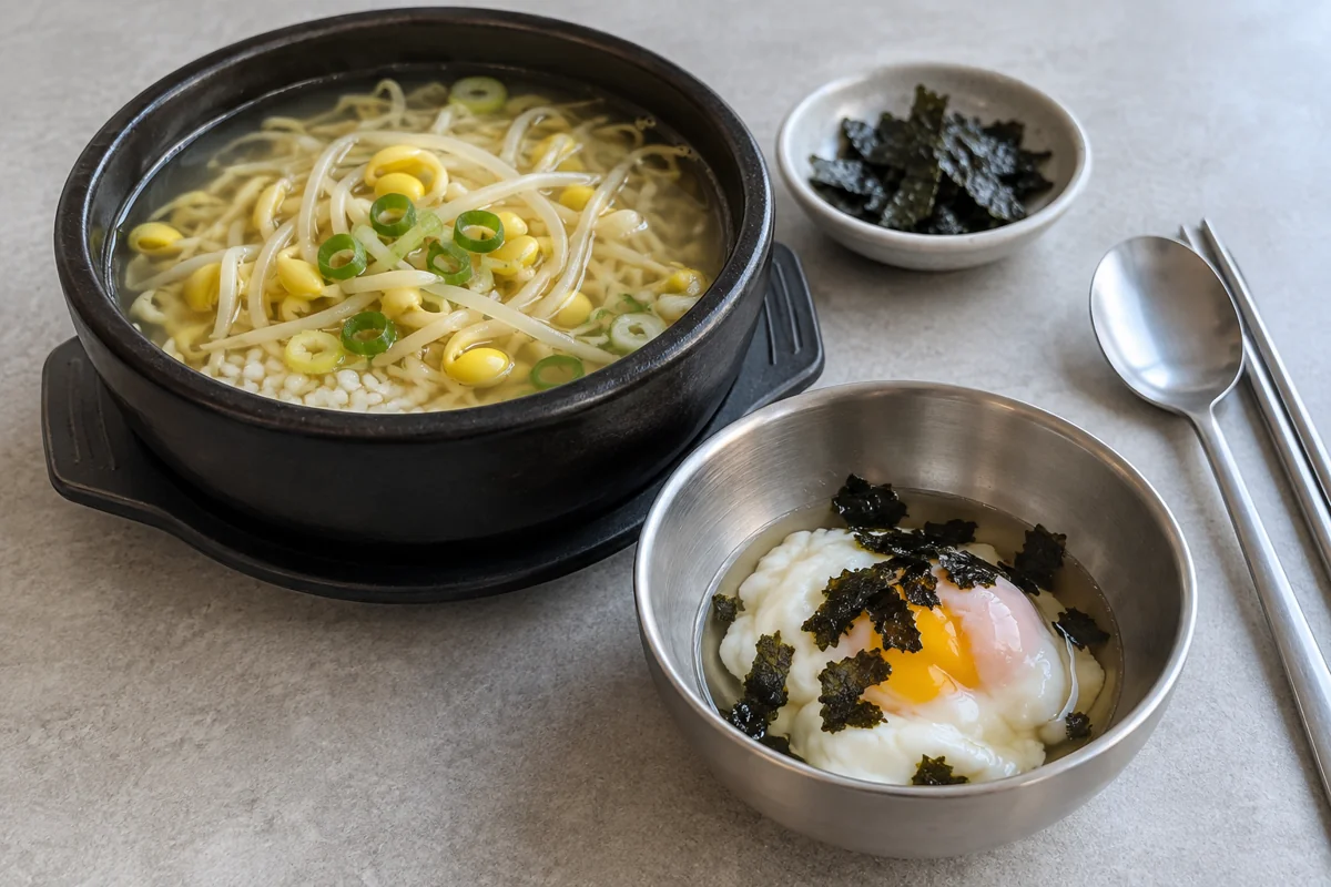 An imagined bean-sprout rice soup beside a separate soft egg and roasted seaweed; AI-generated illustration, not a restaurant photograph.