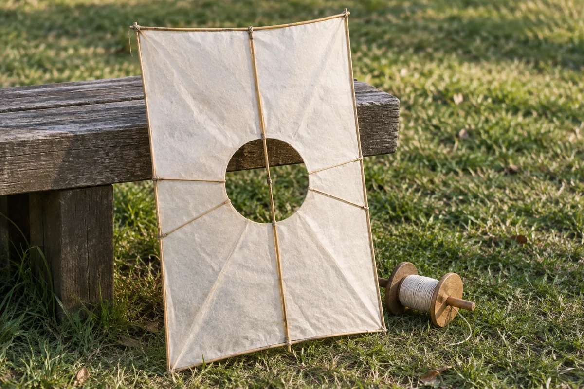 An imagined paper kite with a central circular opening and bamboo supports beside a wooden reel; AI-generated illustration, not a construction diagram or museum photograph.