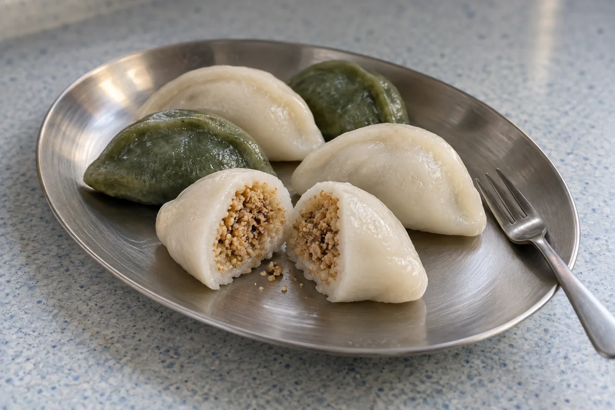 Imagined ivory and green half-moon rice cakes on a steel plate, with one cut open to reveal sesame filling; AI-generated illustration, not a photographed product.