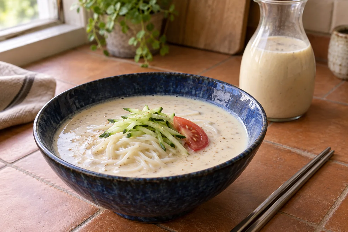 AI-generated illustration of kongguksu in a blue ceramic bowl, with pale soybean broth, noodles, cucumber and a tomato wedge beside a carafe.