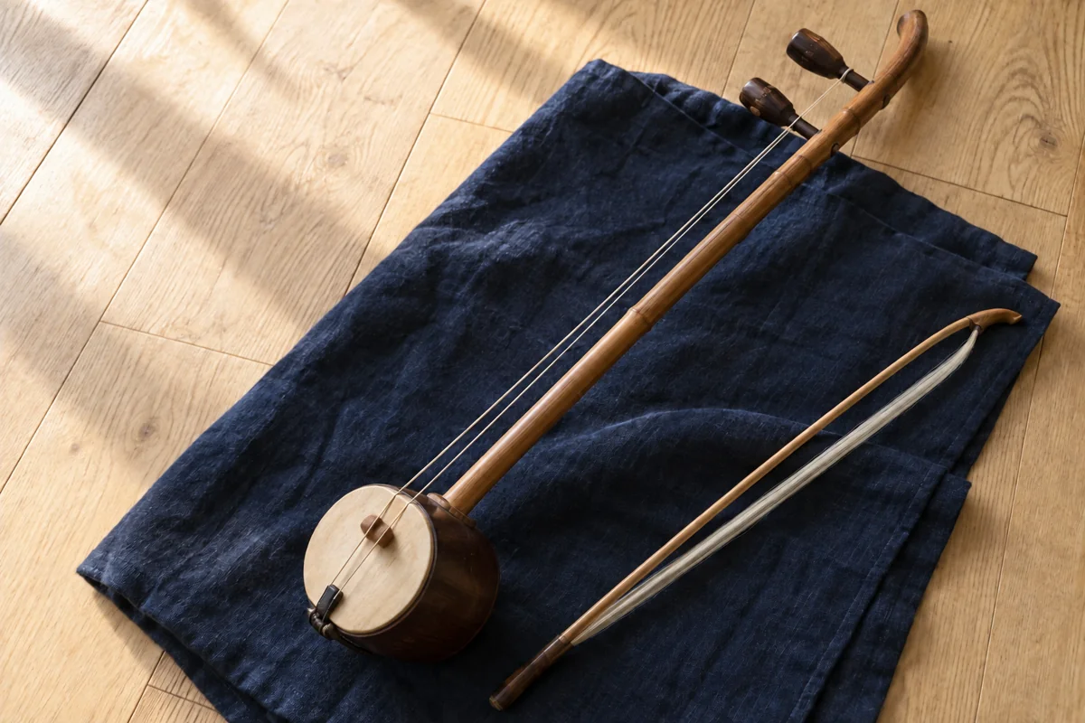 AI-generated conceptual illustration of an unbranded two-string haegeum and a resting bow on indigo cloth; not a museum object or playing demonstration.