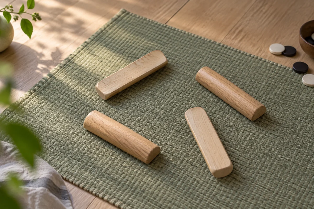 AI-generated editorial illustration of four unbranded wooden yut sticks on a sage-green mat, with plain counters nearby; not a rules diagram or event photograph.