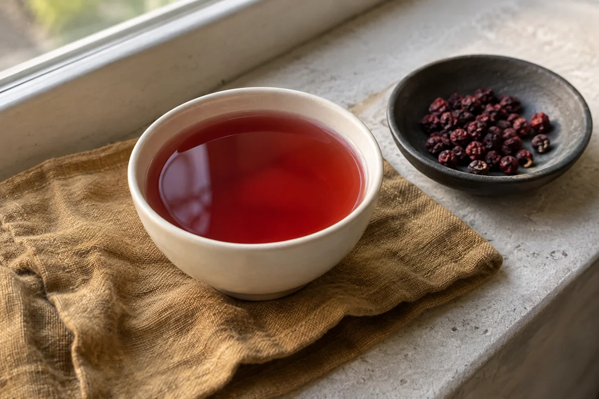 AI-generated editorial illustration of ruby-red omija tea in an ivory cup beside dried dark-red berries on an ochre cloth; not a real cafe serving or recipe photograph.