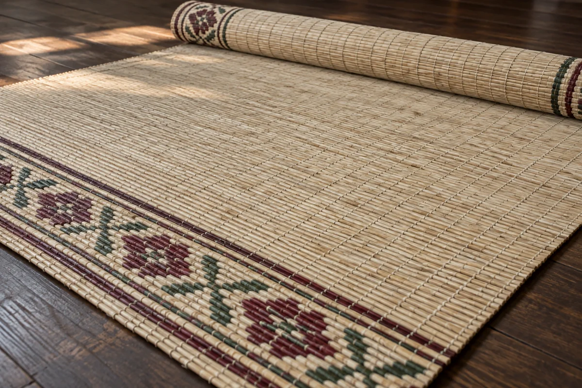 AI-generated editorial illustration of a pale woven plant-fiber mat with burgundy and green geometric motifs and a partly rolled edge on a wooden floor; not an actual artisan's product.