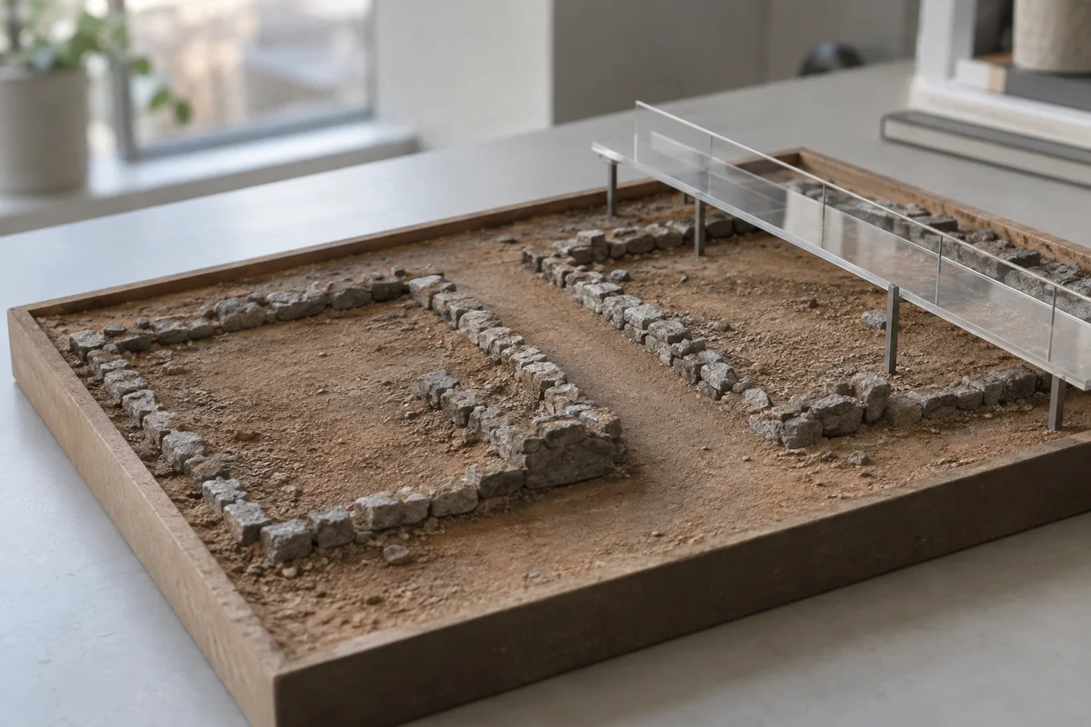AI-generated conceptual tabletop model of stone foundation outlines and a transparent walkway; not the real Gongpyeong museum, an excavated site or an actual museum model.