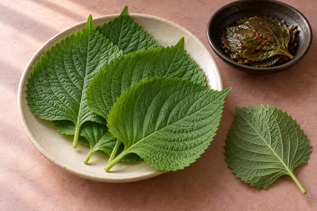 AI-generated imagined serving of fresh green Korean perilla leaves on a pale plate, with a small seasoned stack behind; not a restaurant photograph or a tested recipe.