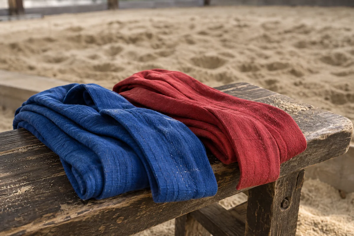Imagined red and blue cloth wrestling sashes resting on a wooden bench beside sand; AI-generated editorial illustration.