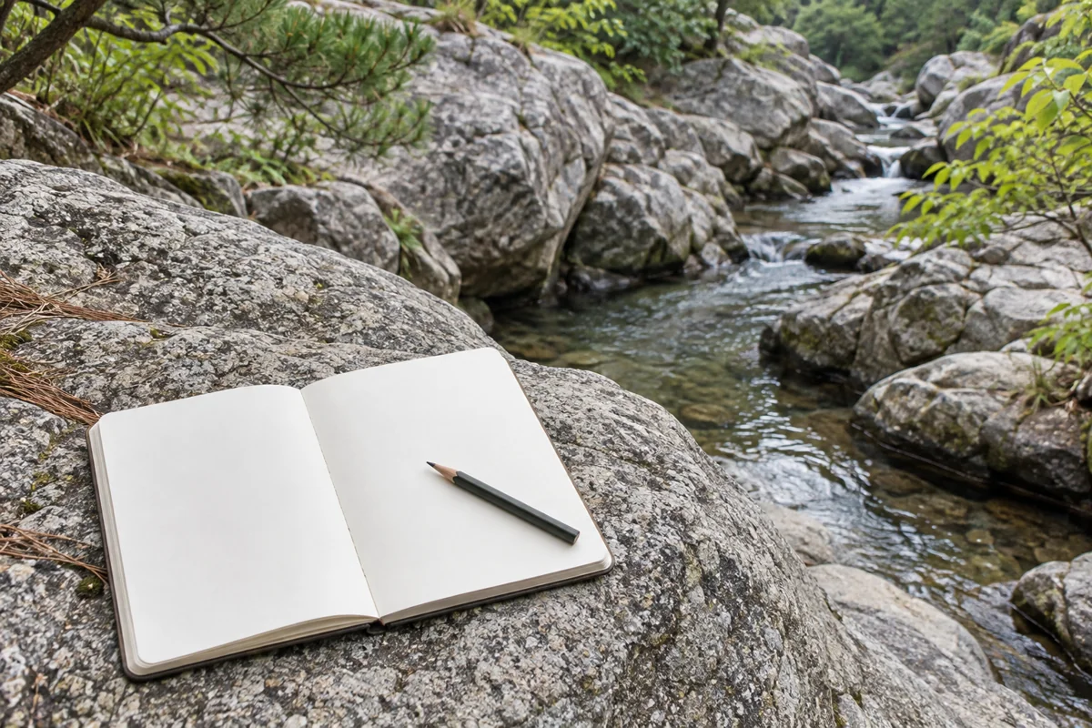An imagined blank sketchbook and pencil on a dry granite ledge beside a small rocky stream; not a photograph of Suseongdong Valley.