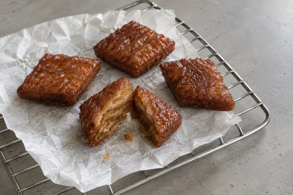 Imagined amber diamond-shaped yakgwa pastries on plain parchment over a cooling rack, one broken to suggest the interior; not a photographed product or tested recipe.