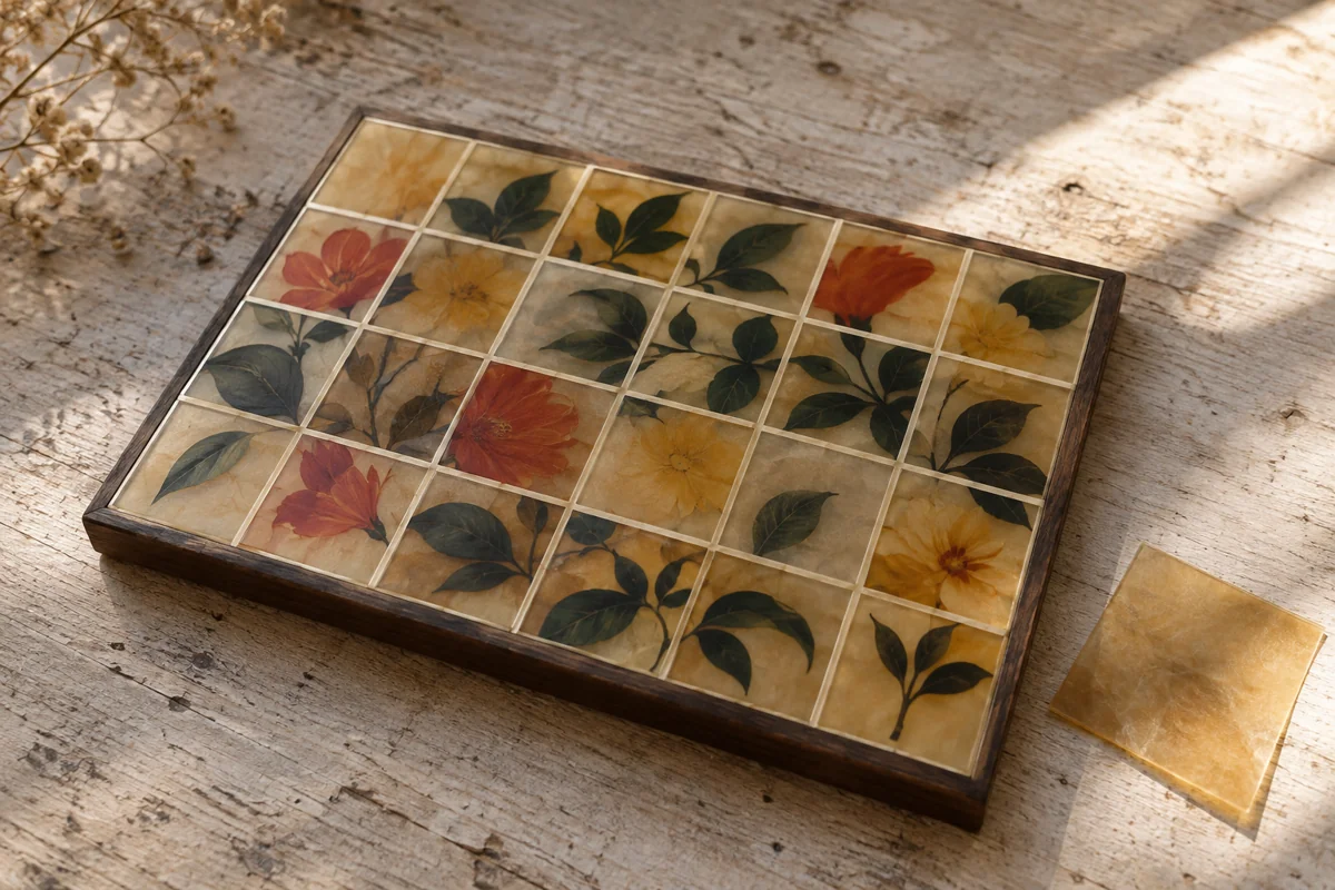 AI-generated editorial illustration of an invented flower-patterned panel divided into translucent amber squares on a wooden table, with a separate unpainted sheet; not a museum artifact.