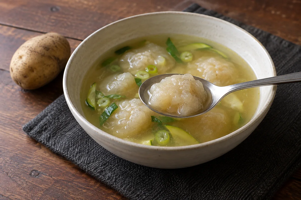 Imagined potato-dumpling soup in a shallow ivory bowl on a dark cloth, with one irregular dumpling on a resting steel spoon and an unpeeled potato nearby; not a photographed restaurant serving.