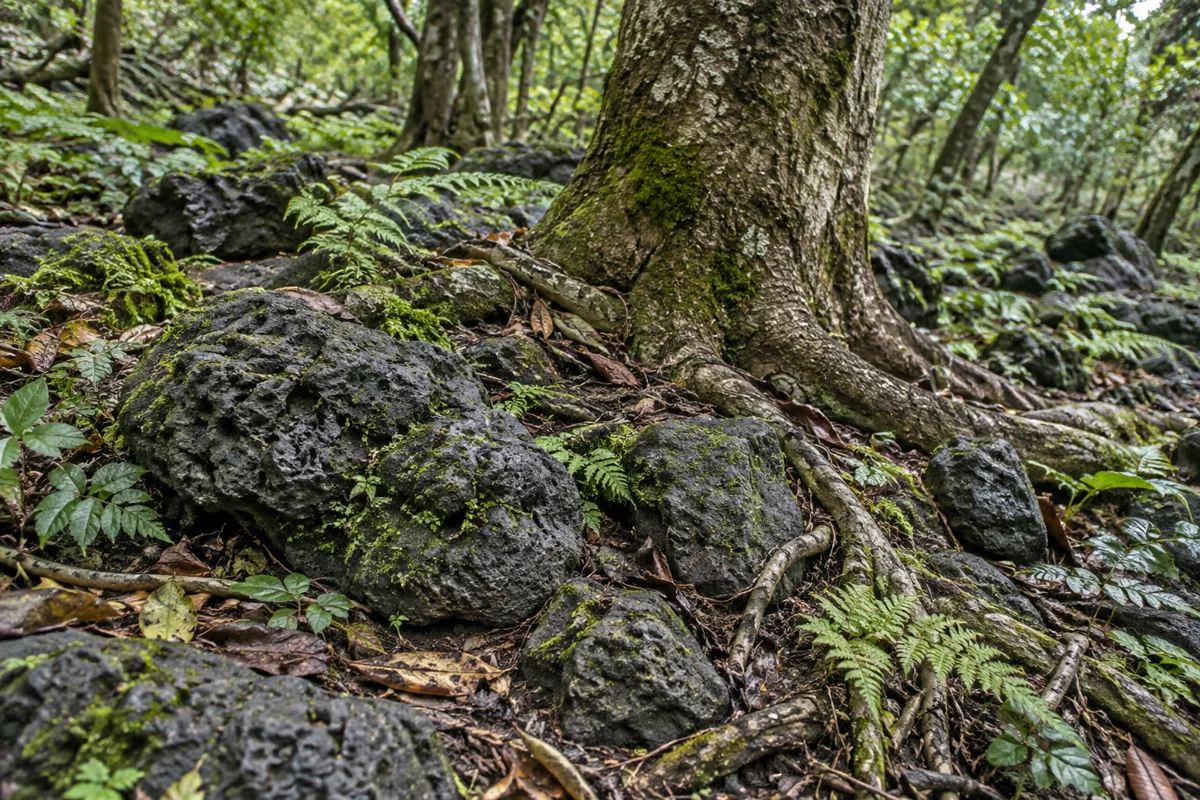 Imagined volcanic woodland floor with dark porous stones, exposed tree roots, leaf litter and small ferns; not a photograph of a particular Jeju park or a scientific sample.