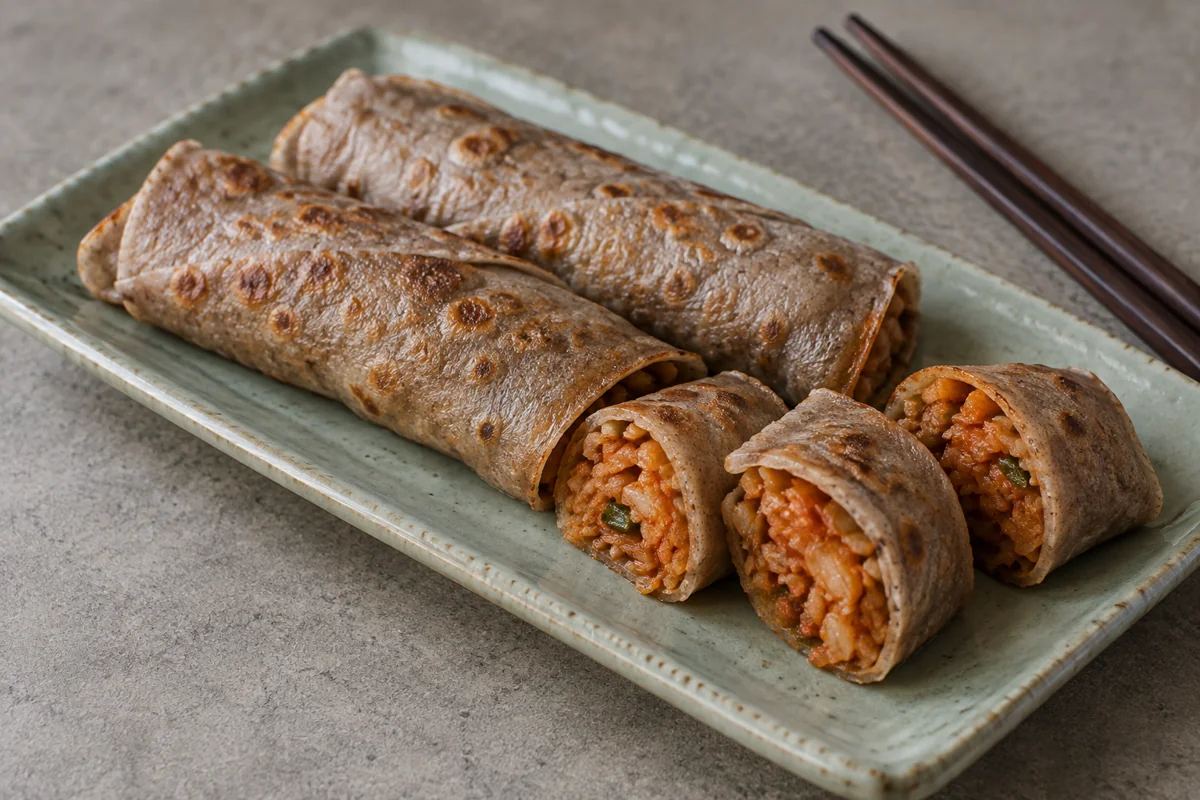 Imagined serving of thin browned buckwheat pancake rolls on a celadon plate, with cut sections showing a savory kimchi-and-vegetable filling; not a photographed shop product.