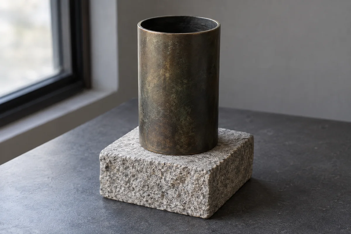 Invented bronze-colored open cylinder on a separate plain granite block by a window; conceptual illustration, not a Korean museum artifact or historical reconstruction.
