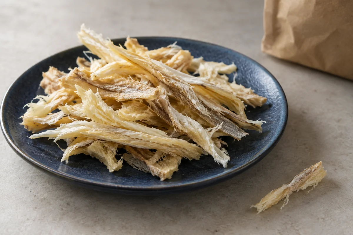 An imagined ingredient study of pale golden dried pollock strips on a dark blue plate.