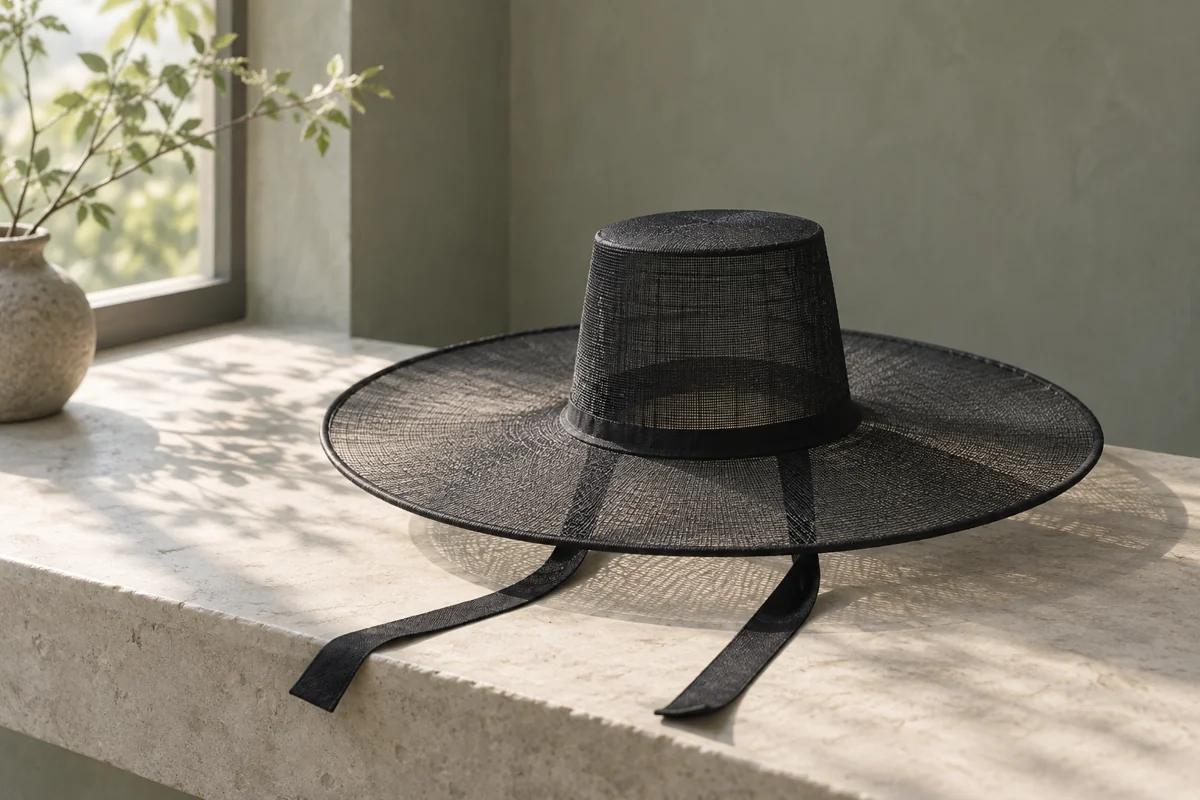 An imagined black gat with a translucent woven crown and wide brim, resting beside a sunlit window.
