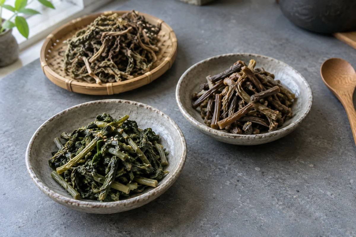 An invented kitchen arrangement of dried vegetables on a tray and cooked leafy greens and brown stems in two ceramic dishes.