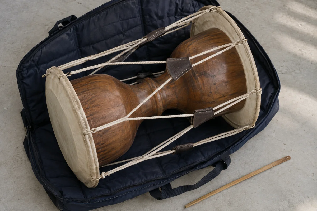 An invented overhead arrangement of a Korean hourglass drum, cream rope lacing and a bamboo stick on an open indigo instrument bag.